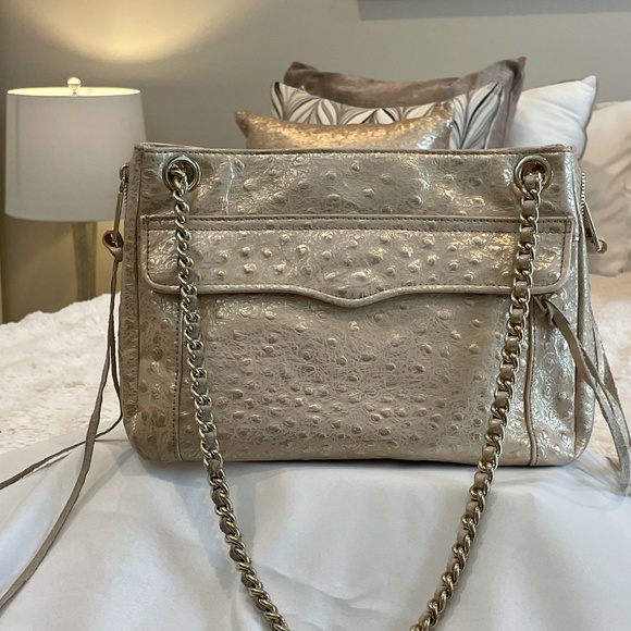Rebecca Minkoff Ostrich Swing Bag Metallic Champagne Leather - Picture 2 of 15